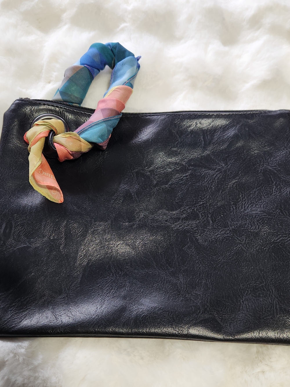 Black Leather Zip Clutch with Multicolor Scarf Handle